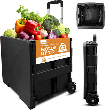 Ultra-Slim Rolling Collapsible Storage Pack-N-Roll Utility-carts, with Telescopic Handle, for Home, Garden, Shopping, Office, School use, Medium, Yellow & Black