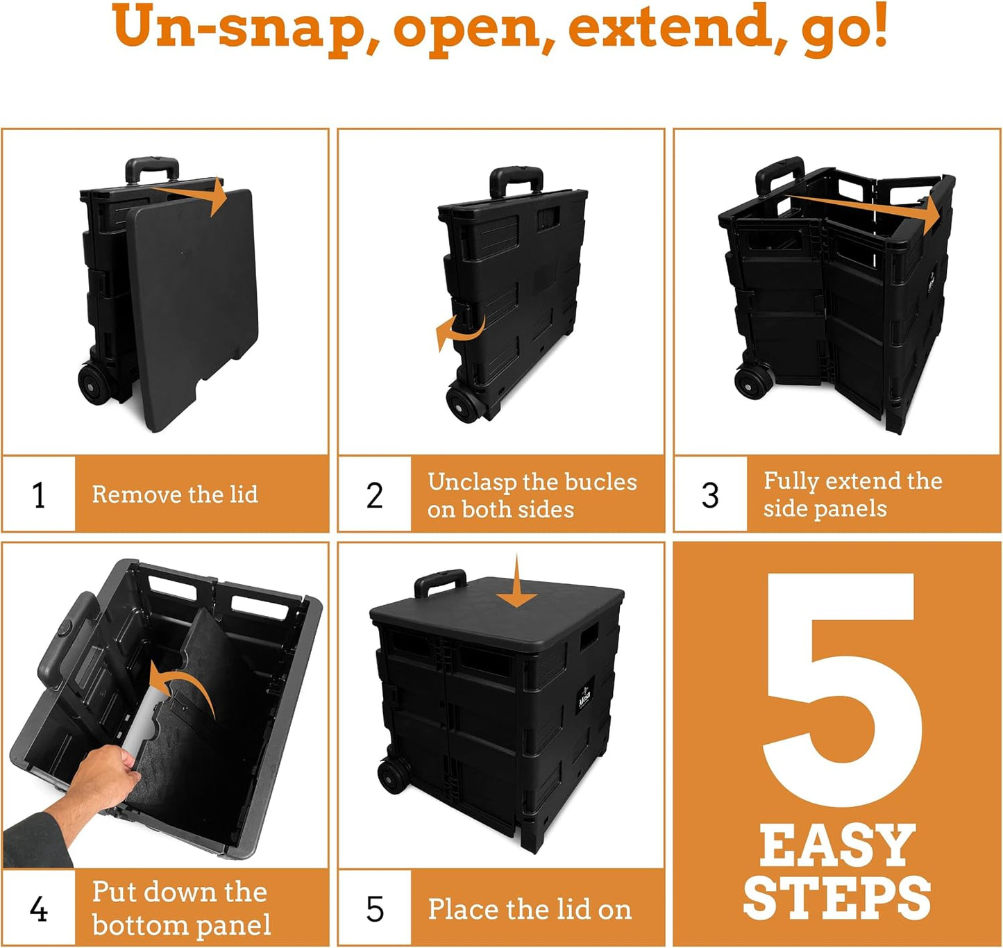 Ultra-Slim Rolling Collapsible Storage Pack-N-Roll Utility-carts, with Telescopic Handle, for Home, Garden, Shopping, Office, School use, Medium, Yellow & Black