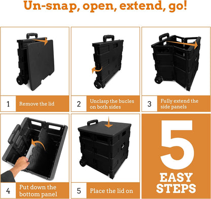 Ultra-Slim Rolling Collapsible Storage Pack-N-Roll Utility-carts, with Telescopic Handle, for Home, Garden, Shopping, Office, School use, Medium, Yellow & Black