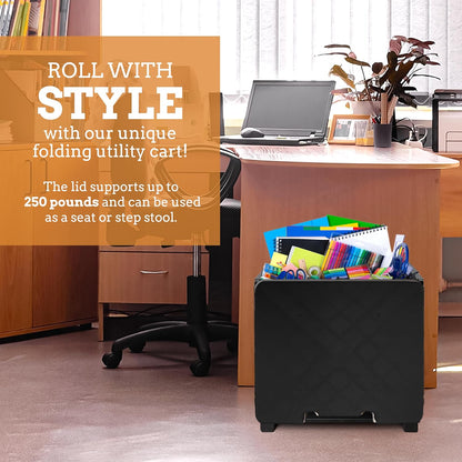 Ultra-Slim Rolling Collapsible Storage Pack-N-Roll Utility-carts, with Telescopic Handle, for Home, Garden, Shopping, Office, School use, Medium, Yellow & Black