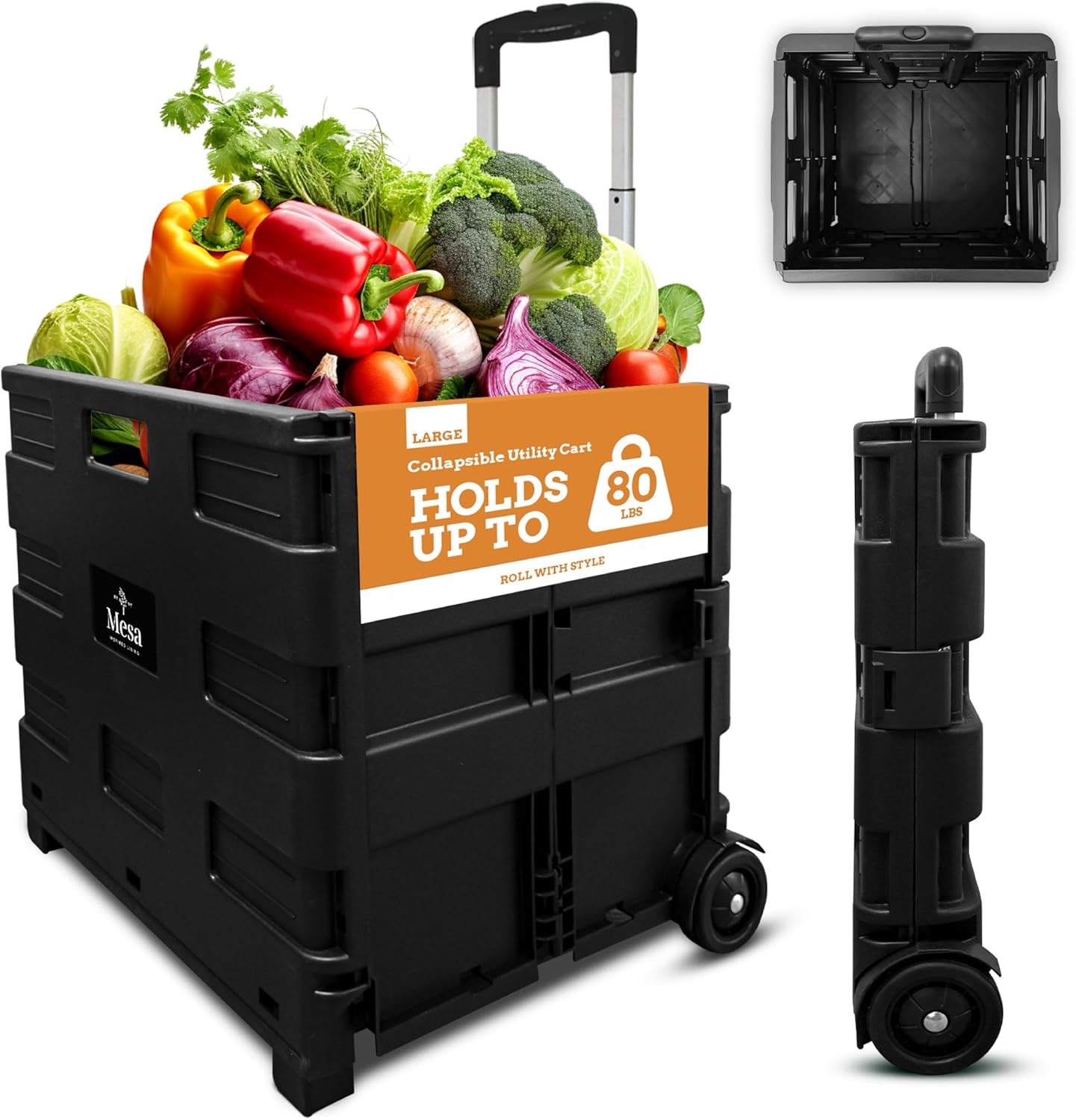 Ultra-Slim Rolling Collapsible Storage Pack-N-Roll Utility-carts, with Telescopic Handle, for Home, Garden, Shopping, Office, School use, Medium, Yellow & Black