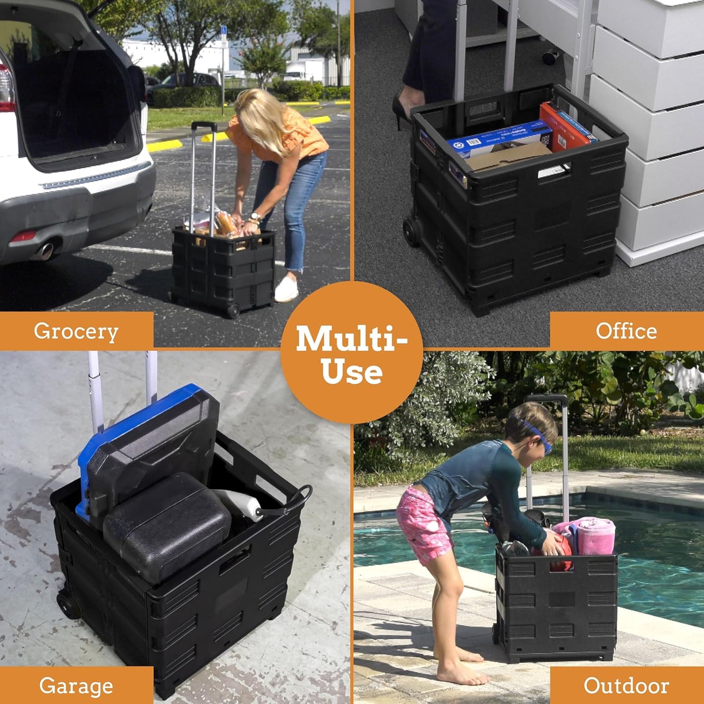 Ultra-Slim Rolling Collapsible Storage Pack-N-Roll Utility-carts, with Telescopic Handle, for Home, Garden, Shopping, Office, School use, Medium, Yellow & Black