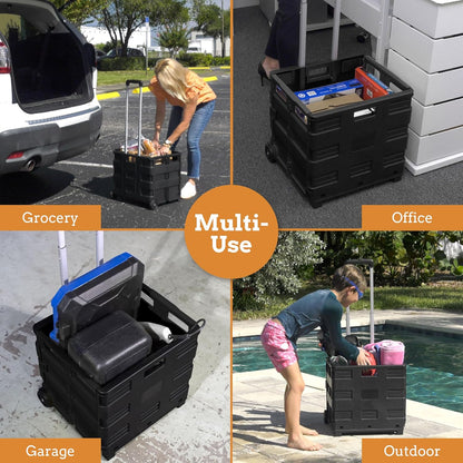 Ultra-Slim Rolling Collapsible Storage Pack-N-Roll Utility-carts, with Telescopic Handle, for Home, Garden, Shopping, Office, School use, Medium, Yellow & Black