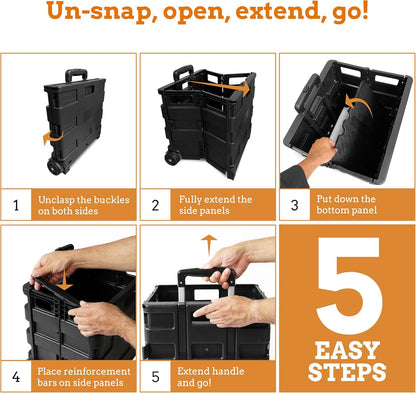 Ultra-Slim Rolling Collapsible Storage Pack-N-Roll Utility-carts, with Telescopic Handle, for Home, Garden, Shopping, Office, School use, Medium, Yellow & Black