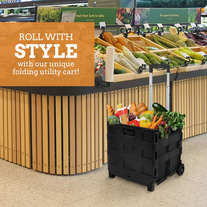 Ultra-Slim Rolling Collapsible Storage Pack-N-Roll Utility-carts, with Telescopic Handle, for Home, Garden, Shopping, Office, School use, Medium, Yellow & Black