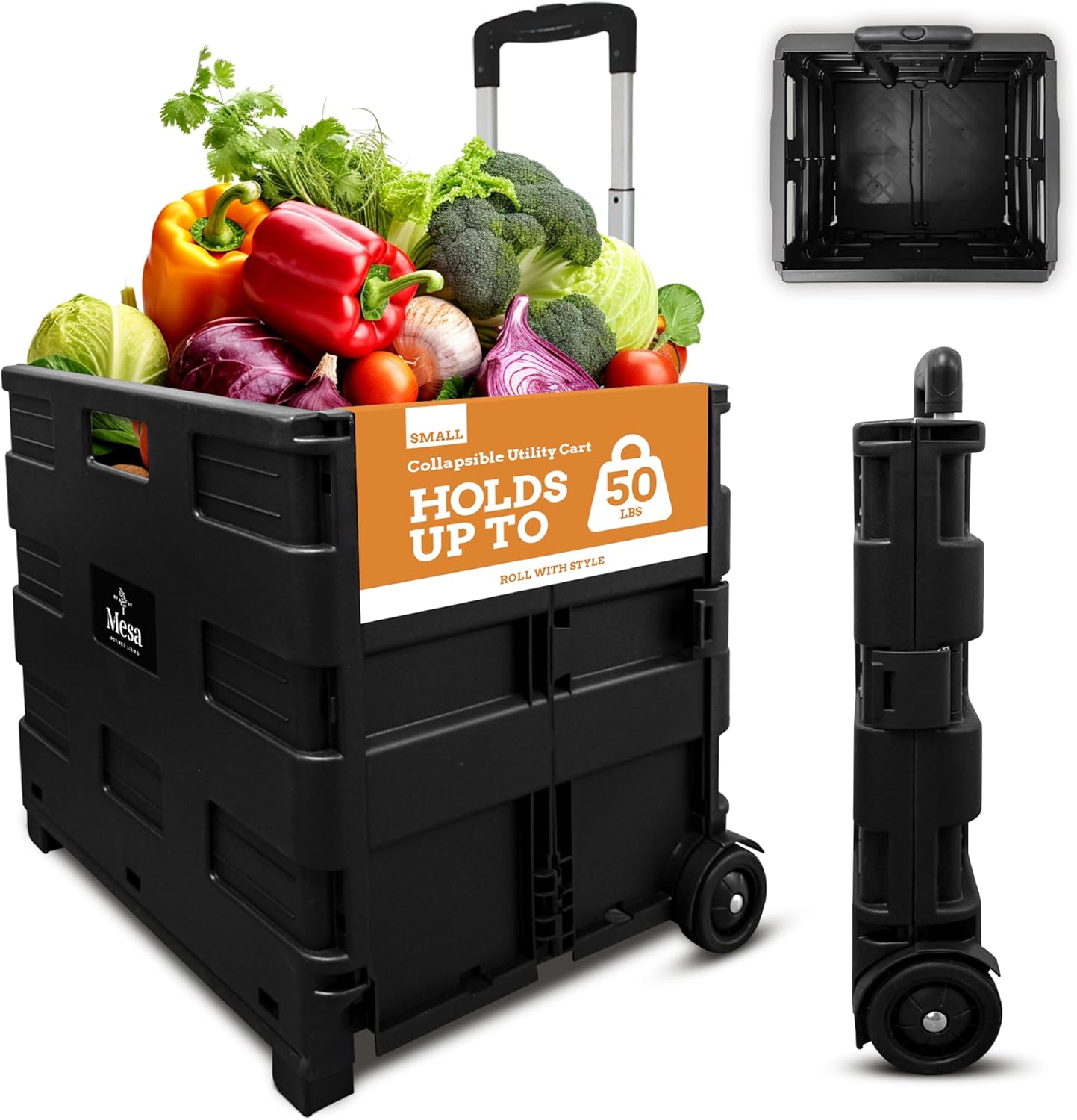 Ultra-Slim Rolling Collapsible Storage Pack-N-Roll Utility-carts, with Telescopic Handle, for Home, Garden, Shopping, Office, School use, Medium, Yellow & Black