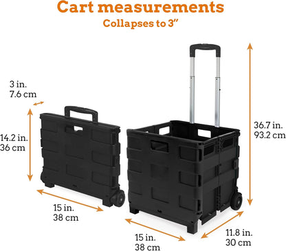 Ultra-Slim Rolling Collapsible Storage Pack-N-Roll Utility-carts, with Telescopic Handle, for Home, Garden, Shopping, Office, School use, Medium, Yellow & Black