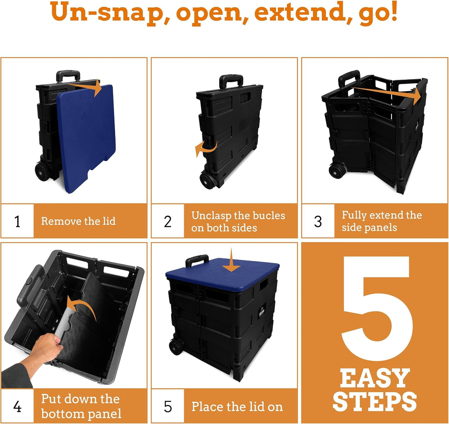 Ultra-Slim Rolling Collapsible Storage Pack-N-Roll Utility-carts, with Telescopic Handle, for Home, Garden, Shopping, Office, School use, Medium, Yellow & Black