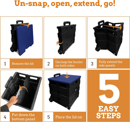 Ultra-Slim Rolling Collapsible Storage Pack-N-Roll Utility-carts, with Telescopic Handle, for Home, Garden, Shopping, Office, School use, Medium, Yellow & Black