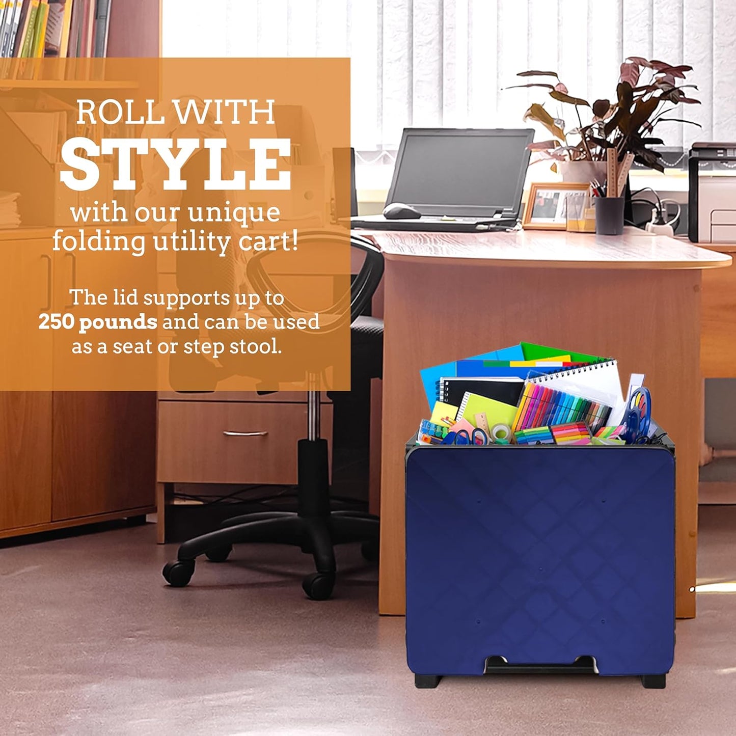 Ultra-Slim Rolling Collapsible Storage Pack-N-Roll Utility-carts, with Telescopic Handle, for Home, Garden, Shopping, Office, School use, Medium, Yellow & Black