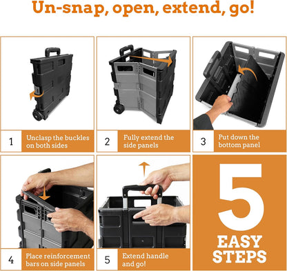 Ultra-Slim Rolling Collapsible Storage Pack-N-Roll Utility-carts, with Telescopic Handle, for Home, Garden, Shopping, Office, School use, Medium, Yellow & Black
