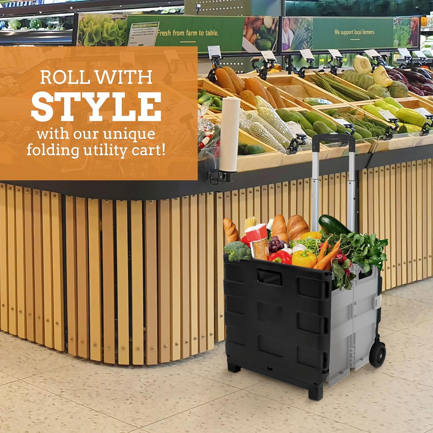 Ultra-Slim Rolling Collapsible Storage Pack-N-Roll Utility-carts, with Telescopic Handle, for Home, Garden, Shopping, Office, School use, Medium, Yellow & Black