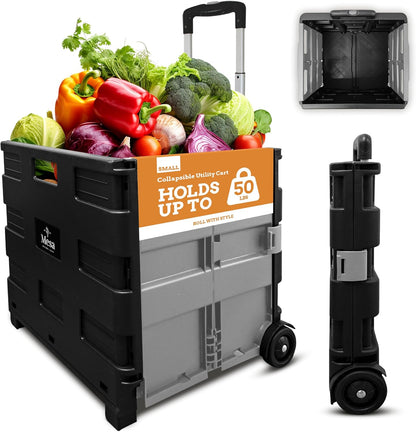 Ultra-Slim Rolling Collapsible Storage Pack-N-Roll Utility-carts, with Telescopic Handle, for Home, Garden, Shopping, Office, School use, Medium, Yellow & Black