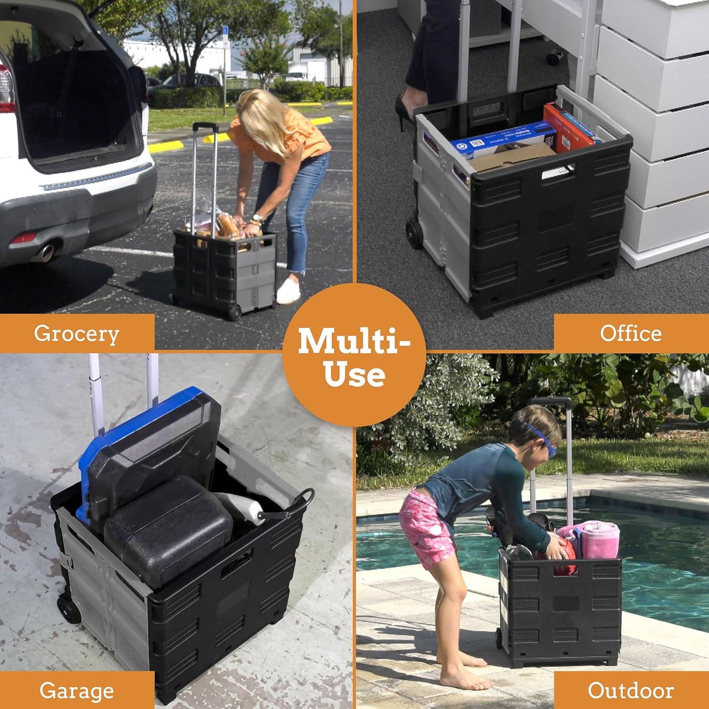 Ultra-Slim Rolling Collapsible Storage Pack-N-Roll Utility-carts, with Telescopic Handle, for Home, Garden, Shopping, Office, School use, Medium, Yellow & Black