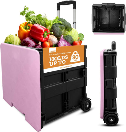 Ultra-Slim Rolling Collapsible Storage Pack-N-Roll Utility-carts, with Telescopic Handle, for Home, Garden, Shopping, Office, School use, Medium, Yellow & Black