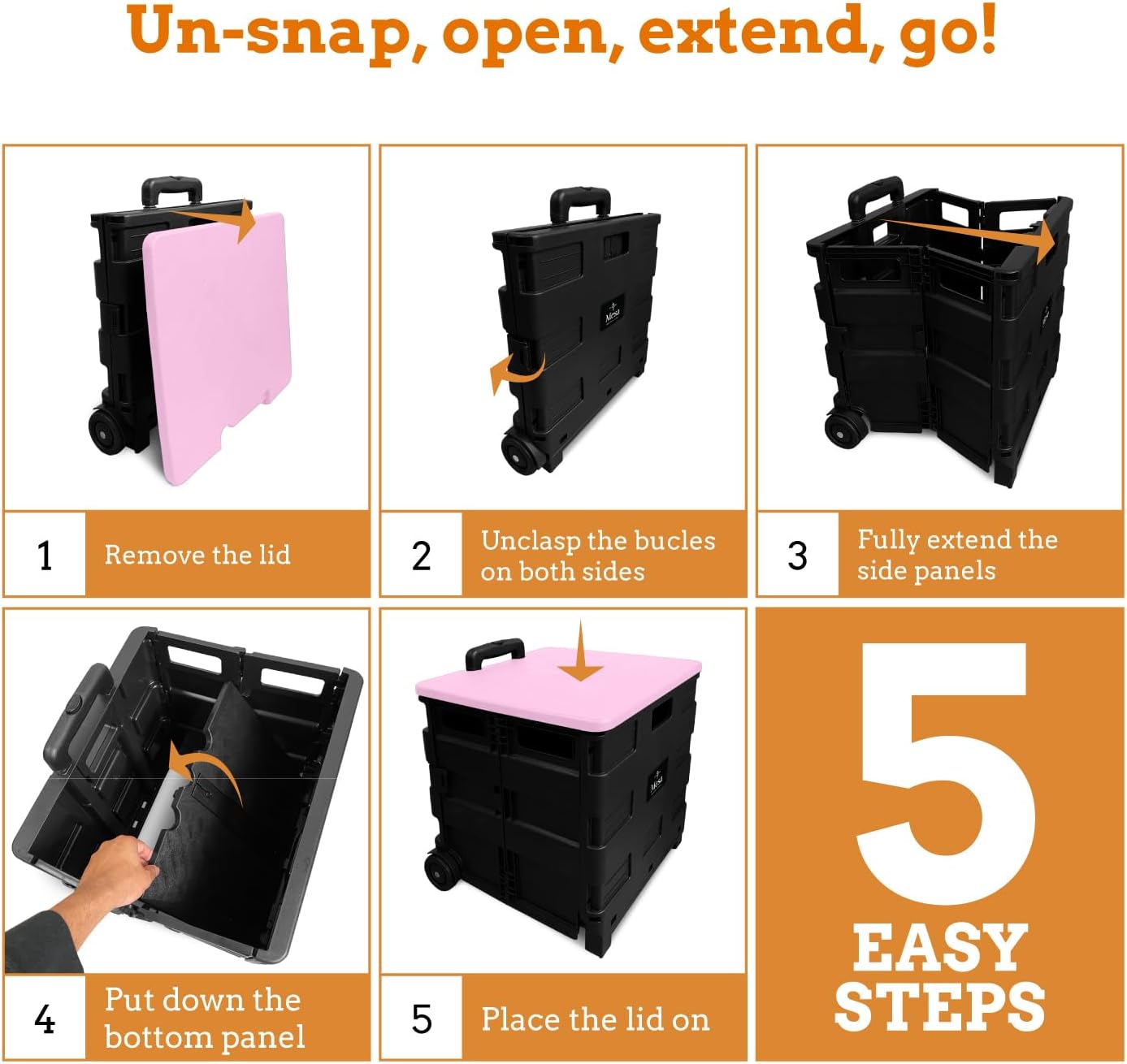 Ultra-Slim Rolling Collapsible Storage Pack-N-Roll Utility-carts, with Telescopic Handle, for Home, Garden, Shopping, Office, School use, Medium, Yellow & Black