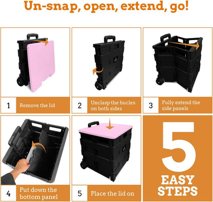 Ultra-Slim Rolling Collapsible Storage Pack-N-Roll Utility-carts, with Telescopic Handle, for Home, Garden, Shopping, Office, School use, Medium, Yellow & Black