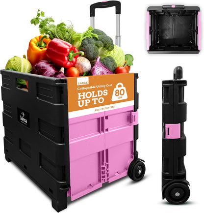 Ultra-Slim Rolling Collapsible Storage Pack-N-Roll Utility-carts, with Telescopic Handle, for Home, Garden, Shopping, Office, School use, Medium, Yellow & Black