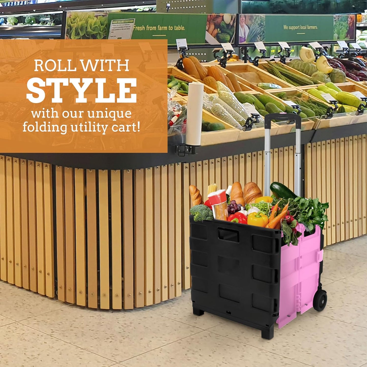 Ultra-Slim Rolling Collapsible Storage Pack-N-Roll Utility-carts, with Telescopic Handle, for Home, Garden, Shopping, Office, School use, Medium, Yellow & Black