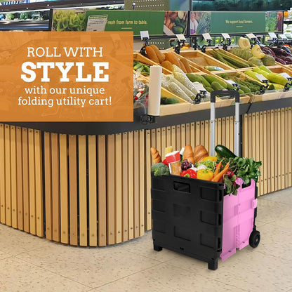 Ultra-Slim Rolling Collapsible Storage Pack-N-Roll Utility-carts, with Telescopic Handle, for Home, Garden, Shopping, Office, School use, Medium, Yellow & Black