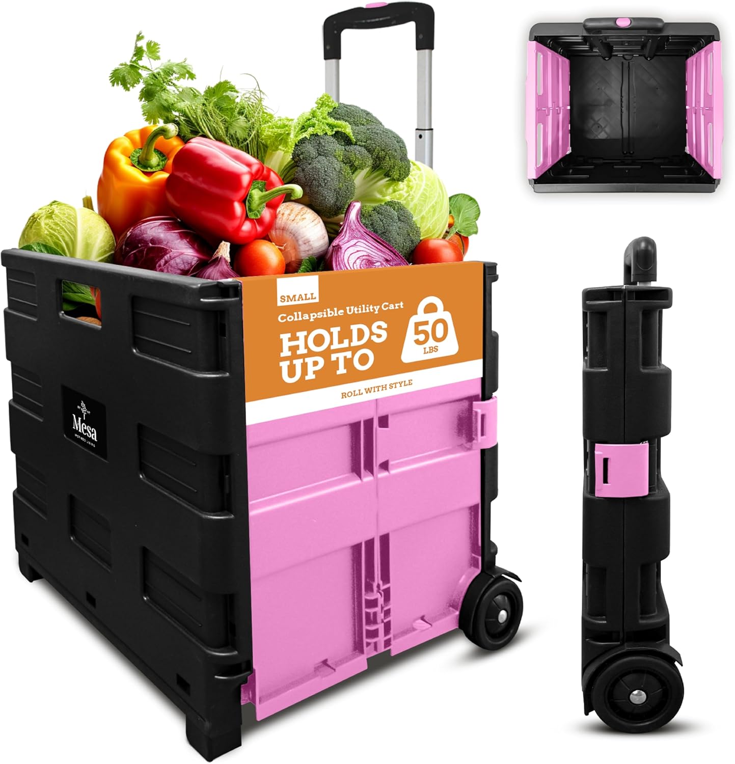 Ultra-Slim Rolling Collapsible Storage Pack-N-Roll Utility-carts, with Telescopic Handle, for Home, Garden, Shopping, Office, School use, Medium, Yellow & Black