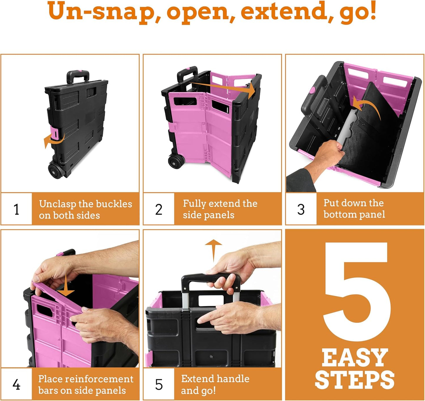 Ultra-Slim Rolling Collapsible Storage Pack-N-Roll Utility-carts, with Telescopic Handle, for Home, Garden, Shopping, Office, School use, Medium, Yellow & Black