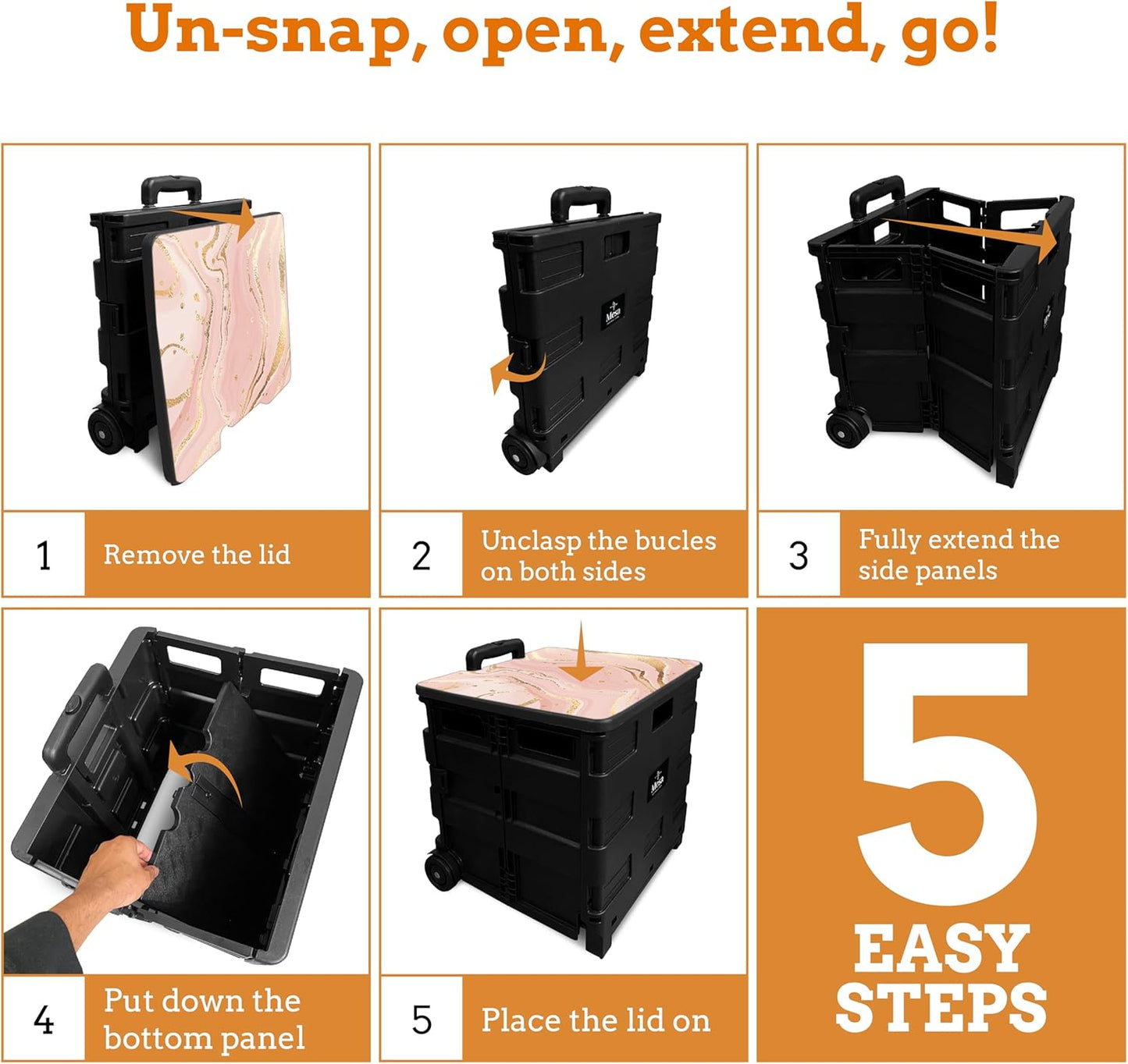 Ultra-Slim Rolling Collapsible Storage Pack-N-Roll Utility-carts, with Telescopic Handle, for Home, Garden, Shopping, Office, School use, Medium, Yellow & Black
