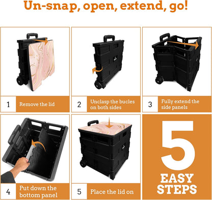 Ultra-Slim Rolling Collapsible Storage Pack-N-Roll Utility-carts, with Telescopic Handle, for Home, Garden, Shopping, Office, School use, Medium, Yellow & Black