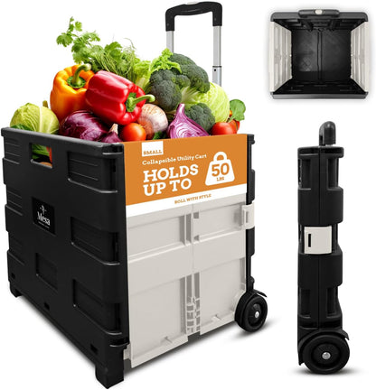 Ultra-Slim Rolling Collapsible Storage Pack-N-Roll Utility-carts, with Telescopic Handle, for Home, Garden, Shopping, Office, School use, Medium, Yellow & Black