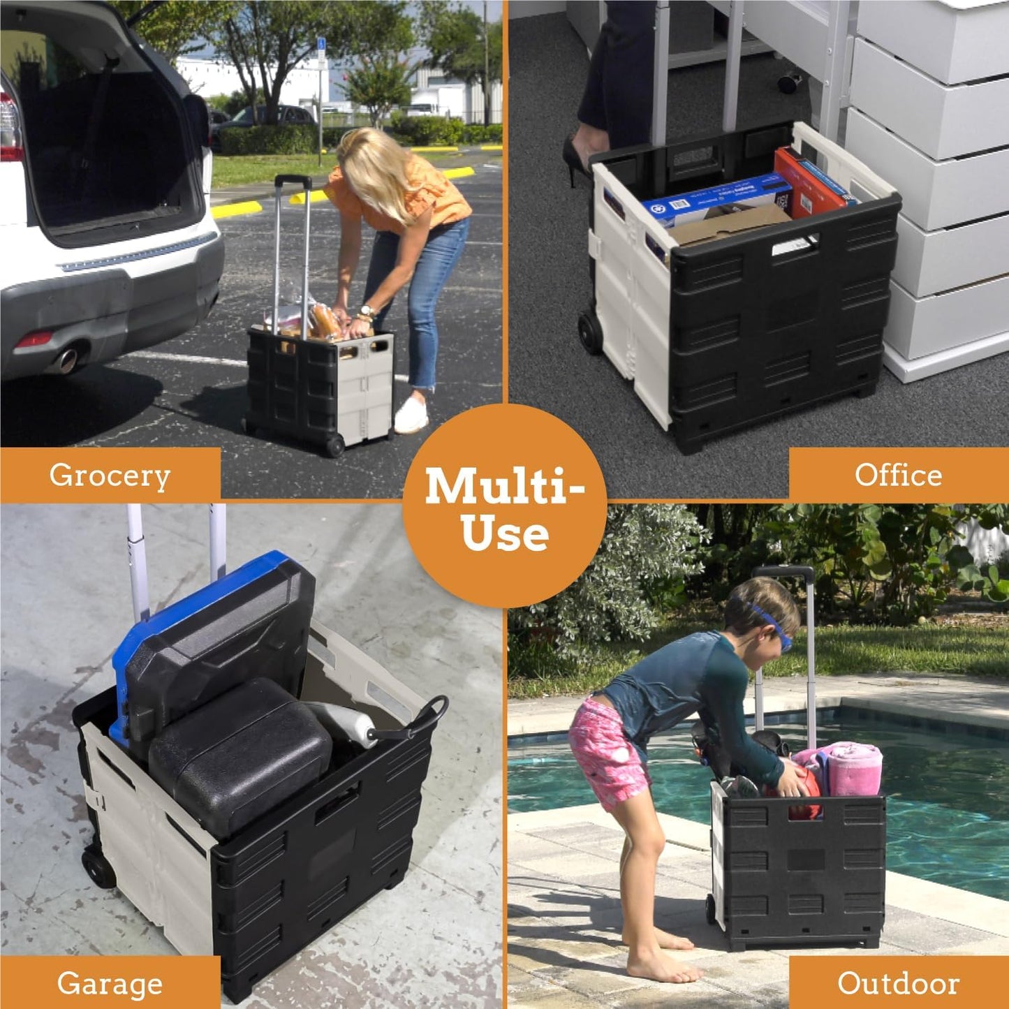 Ultra-Slim Rolling Collapsible Storage Pack-N-Roll Utility-carts, with Telescopic Handle, for Home, Garden, Shopping, Office, School use, Medium, Yellow & Black