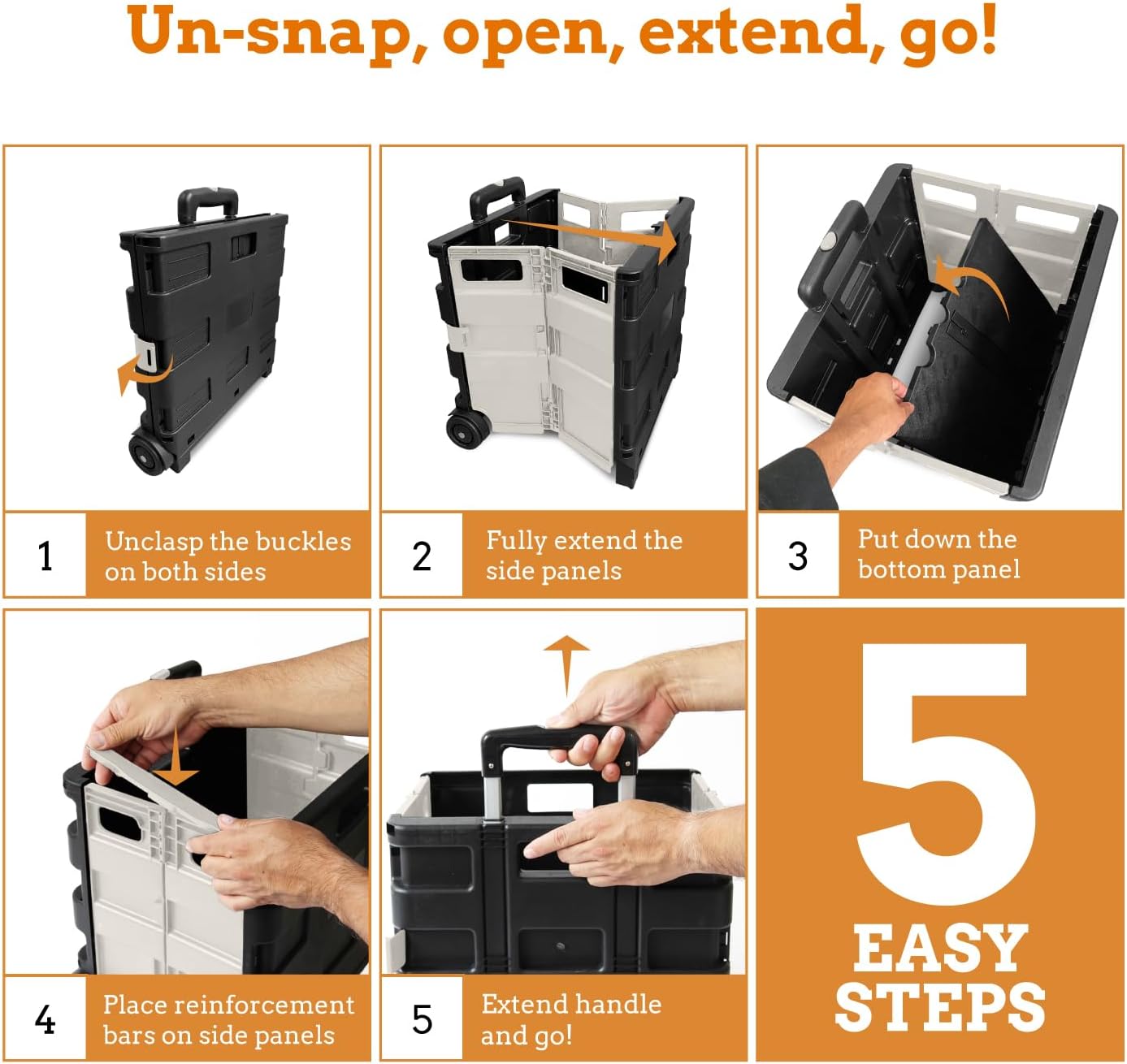 Ultra-Slim Rolling Collapsible Storage Pack-N-Roll Utility-carts, with Telescopic Handle, for Home, Garden, Shopping, Office, School use, Medium, Yellow & Black
