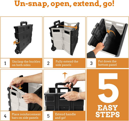 Ultra-Slim Rolling Collapsible Storage Pack-N-Roll Utility-carts, with Telescopic Handle, for Home, Garden, Shopping, Office, School use, Medium, Yellow & Black