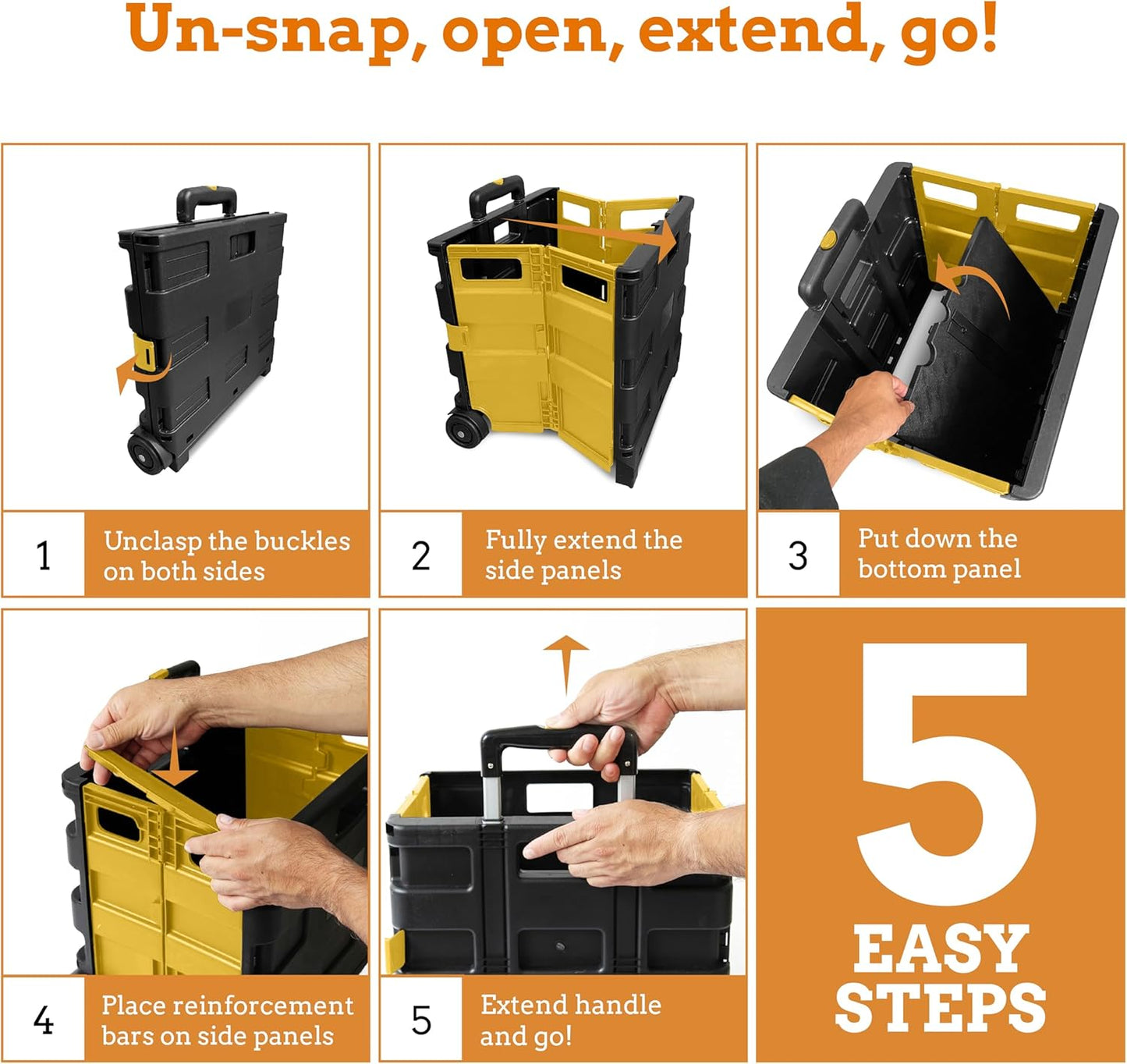Ultra-Slim Rolling Collapsible Storage Pack-N-Roll Utility-carts, with Telescopic Handle, for Home, Garden, Shopping, Office, School use, Medium, Yellow & Black