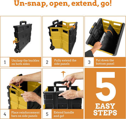 Ultra-Slim Rolling Collapsible Storage Pack-N-Roll Utility-carts, with Telescopic Handle, for Home, Garden, Shopping, Office, School use, Medium, Yellow & Black