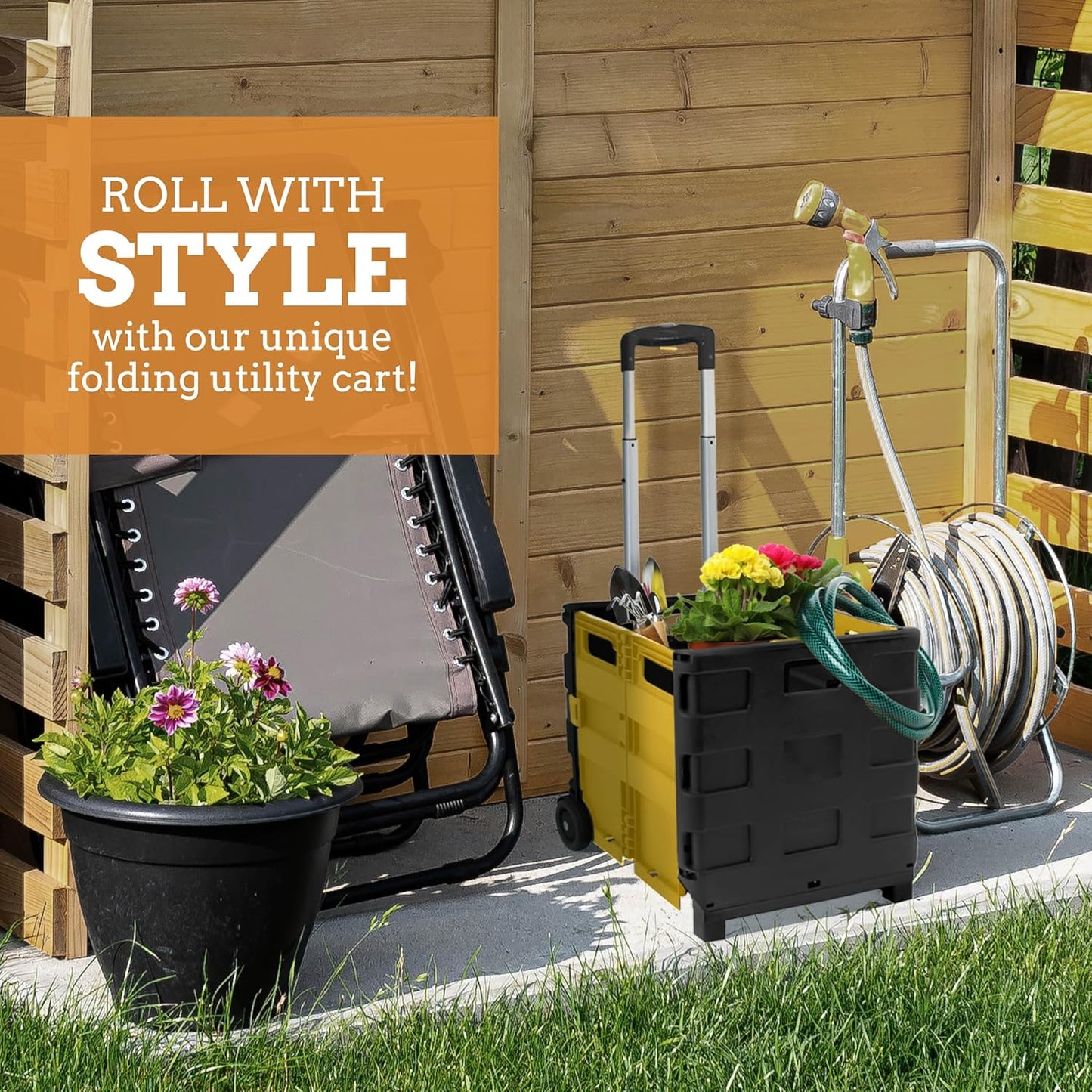 Ultra-Slim Rolling Collapsible Storage Pack-N-Roll Utility-carts, with Telescopic Handle, for Home, Garden, Shopping, Office, School use, Medium, Yellow & Black