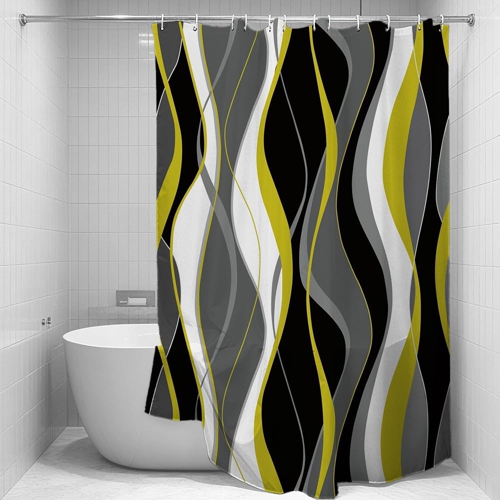 Yellow Abstract Geometric Lines Shower Curtain for Bathroom with Hooks Black Grey White Fabric Shower Curtains Modern Art Aesthetics Waterproof Bath Accessories Hotel Decor,72x72inch
