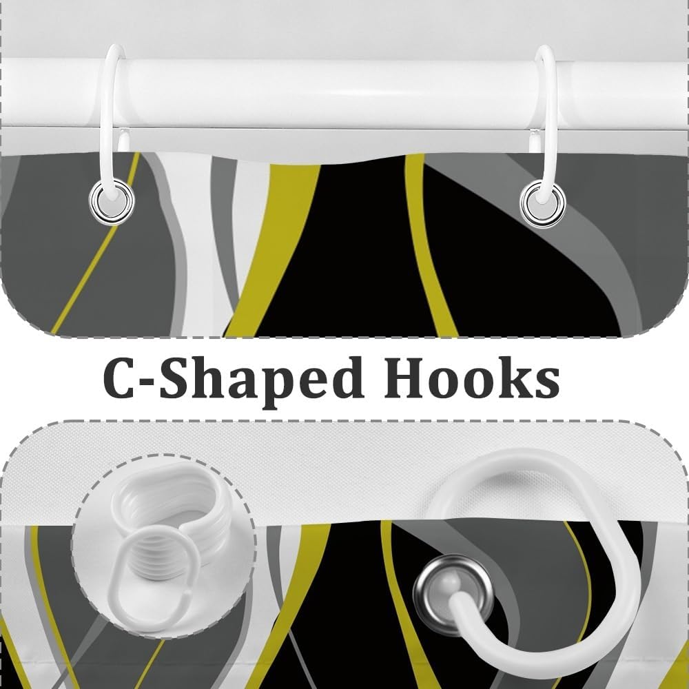 Yellow Abstract Geometric Lines Shower Curtain for Bathroom with Hooks Black Grey White Fabric Shower Curtains Modern Art Aesthetics Waterproof Bath Accessories Hotel Decor,72x72inch