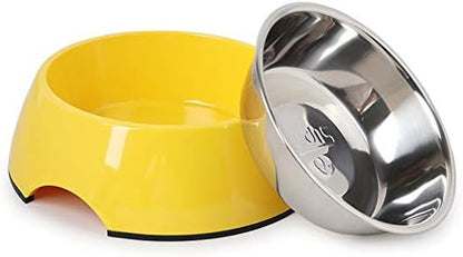 2-in-1 Detachable Stainless Steel Pet Bowls for Dogs Cats - Stackable Food & Water Bowl Set with Non-Slip Base - Dishwasher Safe Whisker-Friendly Dog Bowls - 7 Colors 4 Sizes (Yellow)