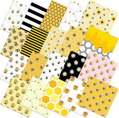 20 Pcs 10''x10'' Bee Quilting Fabric Square Honeycomb Precuts Quilted Fabric Bundle Sunflower Daisy Yellow Black Stripes Printed Sewing Material for Holiday Patchwork DIY Craft Supplies