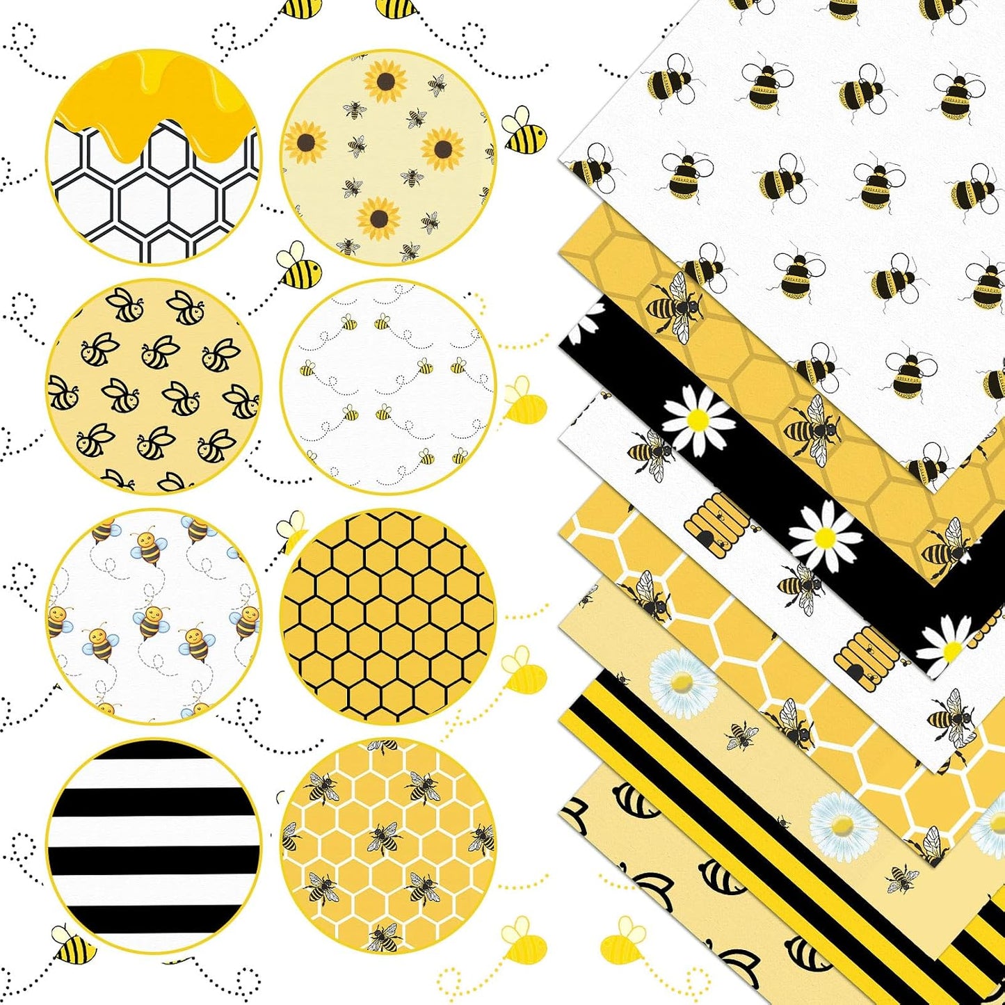 20 Pcs 10''x10'' Bee Quilting Fabric Square Honeycomb Precuts Quilted Fabric Bundle Sunflower Daisy Yellow Black Stripes Printed Sewing Material for Holiday Patchwork DIY Craft Supplies
