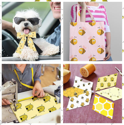 20 Pcs 10''x10'' Bee Quilting Fabric Square Honeycomb Precuts Quilted Fabric Bundle Sunflower Daisy Yellow Black Stripes Printed Sewing Material for Holiday Patchwork DIY Craft Supplies