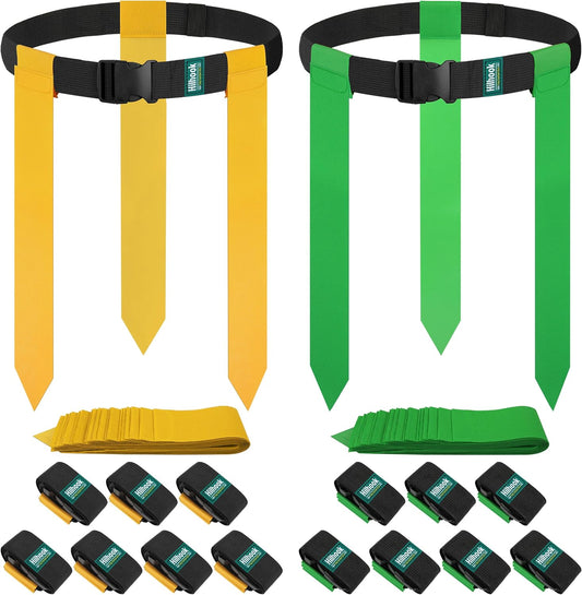 14-Player Flag Football Belts with 42 Flags For Kids, Youth & Adult | Two-Color, One Size Fits All, Quick-Release Buckle, Elastic Loop Tucks Excess Belt For Team Building & Competition