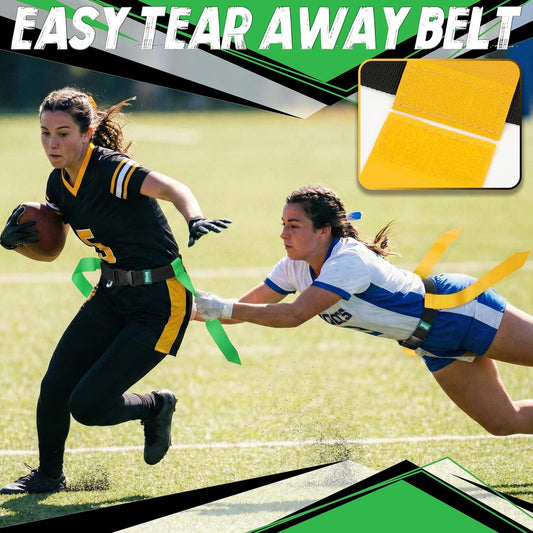 14-Player Flag Football Belts with 42 Flags For Kids, Youth & Adult | Two-Color, One Size Fits All, Quick-Release Buckle, Elastic Loop Tucks Excess Belt For Team Building & Competition