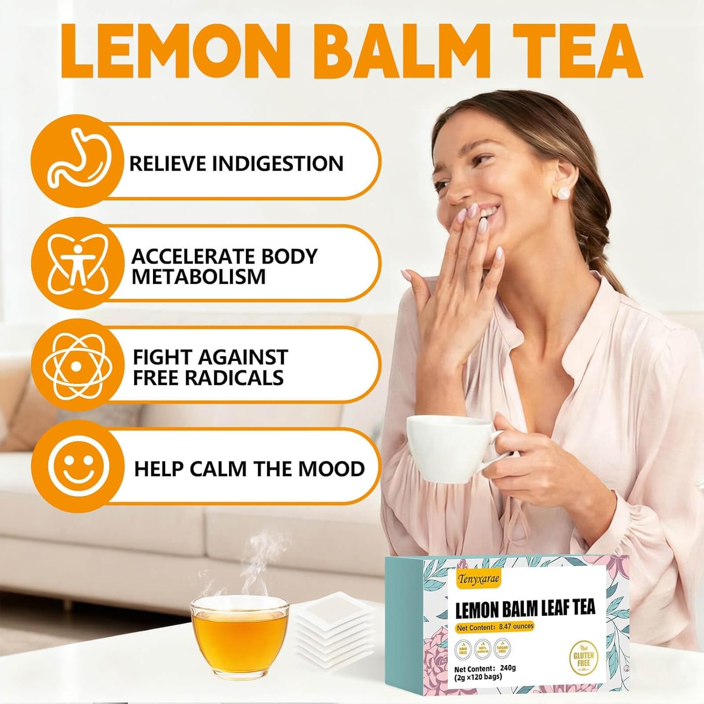Lemon Balm Leaf Tea Bags-120 Tea Bags (2g/Bag), Made with 100% Natural Lemon Balm Leaves | Helps with Digestion and Antioxidation | Caffeine-Free | Sugar-Free | Gluten-Free | Vegan | Eco-Friendly Tea Bags