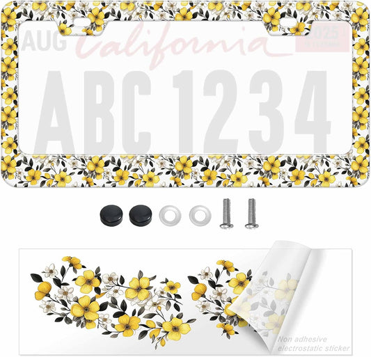 1Pcs Yellow Ditsy Print Flowers Pattern License Plate Frame for Women, Tiny Yellow Floral Pattern Print Car Tag Frames Girly for Vehicle with Non Adhesive Electrostatic Sticker