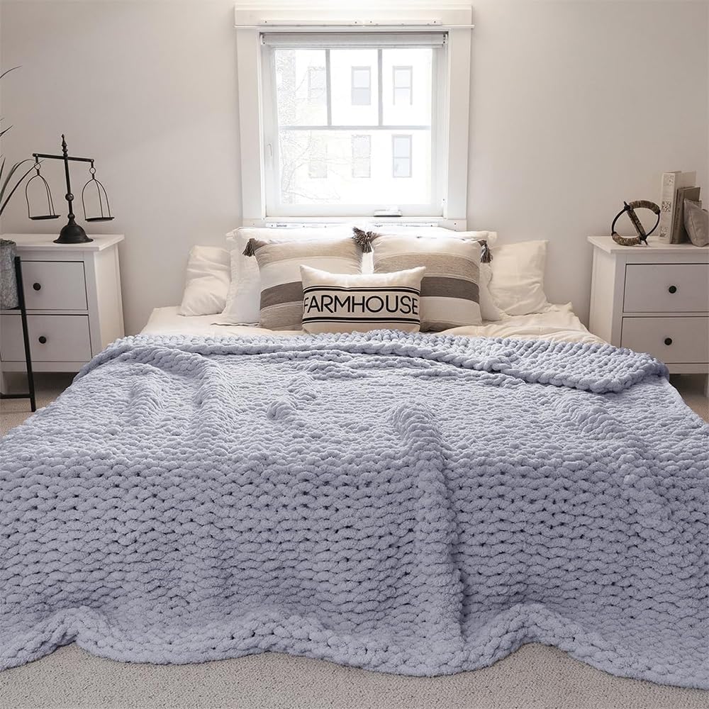 Chunky Knit Blanket Throw, Hand Knitted Warm Chenille Throw Blanket, Soft Thick Yarn Cable Knit Blanket, Breathable Fleece Banket Bedspread Throw for Couch Bed Sofa(Yellow,60x60cm)