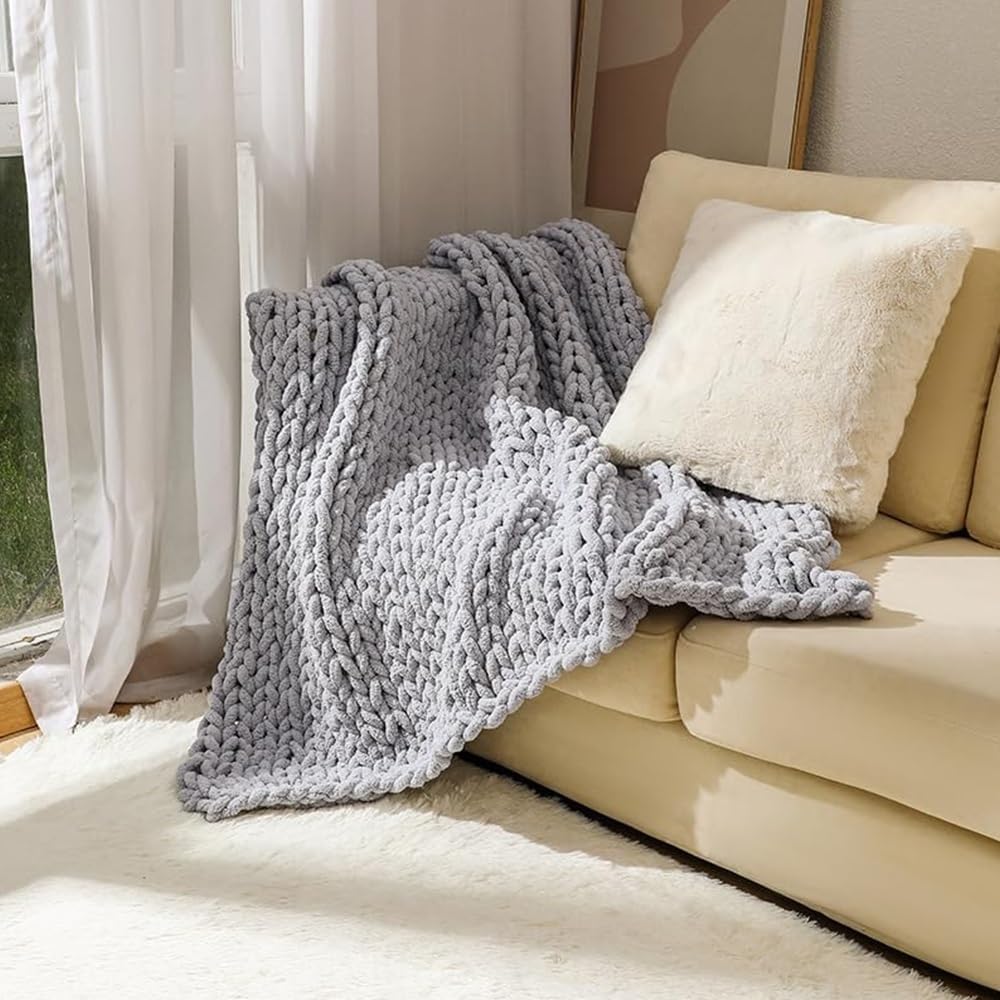 Chunky Knit Blanket Throw, Hand Knitted Warm Chenille Throw Blanket, Soft Thick Yarn Cable Knit Blanket, Breathable Fleece Banket Bedspread Throw for Couch Bed Sofa(Yellow,60x60cm)