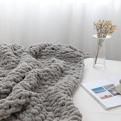 Chunky Knit Blanket Throw, Hand Knitted Warm Chenille Throw Blanket, Soft Thick Yarn Cable Knit Blanket, Breathable Fleece Banket Bedspread Throw for Couch Bed Sofa(Yellow,60x60cm)