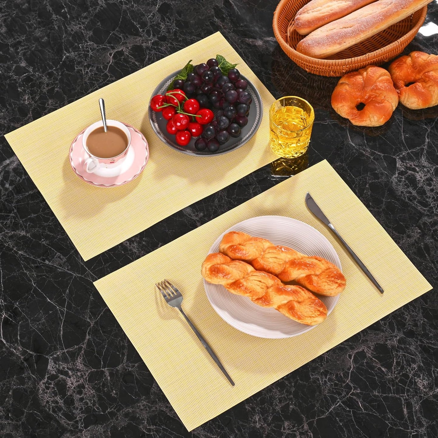 Placemats Set of 4 Washable Heat-Resistant Non Slip Braided Table Mats Woven PVC Vinyl Kitchen Dining Patio Table Place Mats for Dinner Parties BBQs Indoor and Ourdoor Use.18"x12"(Light Yellow)