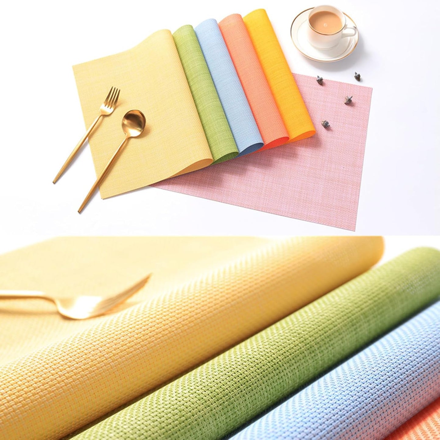 Placemats Set of 4 Washable Heat-Resistant Non Slip Braided Table Mats Woven PVC Vinyl Kitchen Dining Patio Table Place Mats for Dinner Parties BBQs Indoor and Ourdoor Use.18"x12"(Light Yellow)